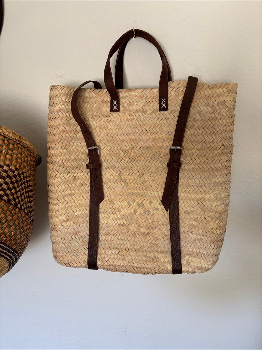 Natural Woven Backpack with Leather Straps - Picture 1 of 8